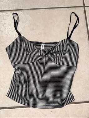 Striped Knot Front Cami Tank Top - Black & White